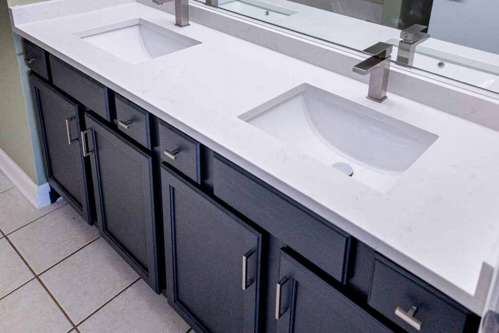 bathroom cabinet after painting in blue color