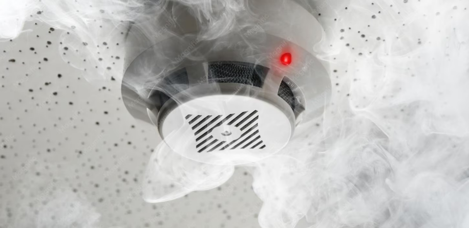 Smoke detector with red alert light amid smoke