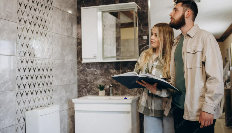 Couple reviewing bathroom options in showroom