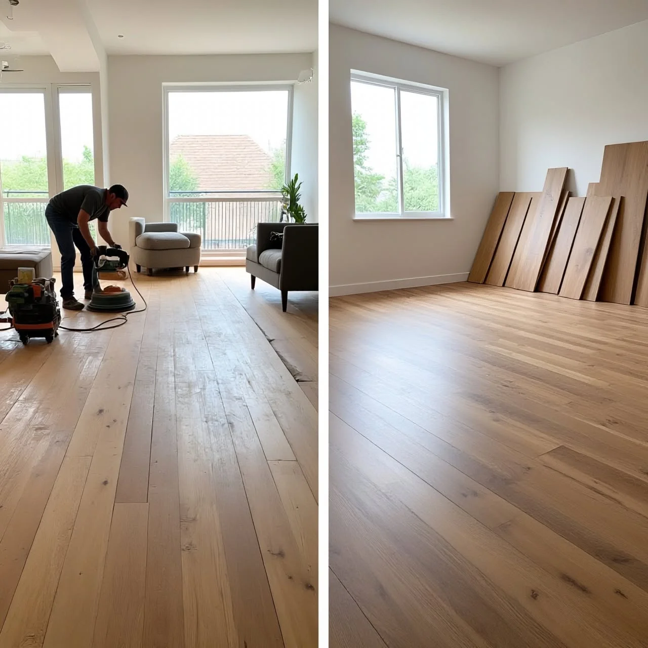Hardwood floor installation before and after finishing